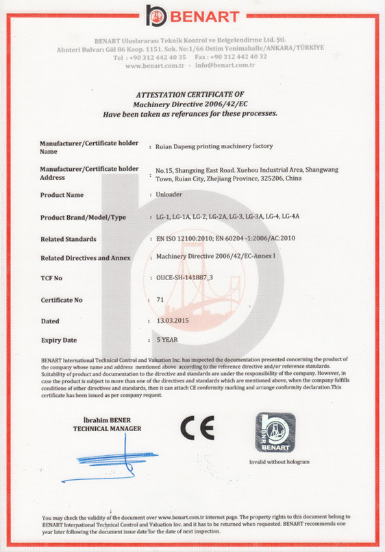 Unloader Machinery Directive 2006/42/EC Certificate